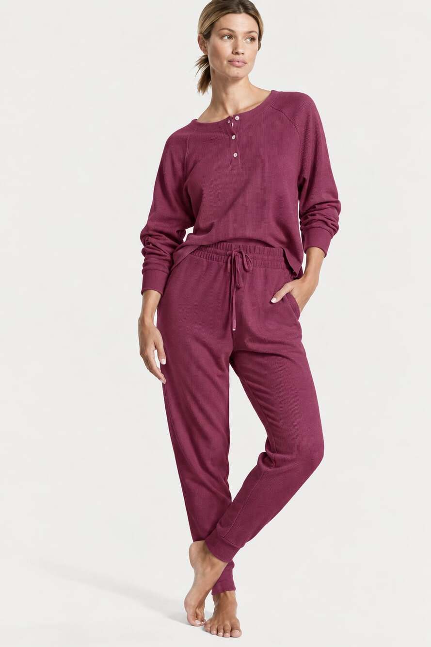 Victoria's Secret Glow Waffle Henley Jogger Pajama Set Size M Short Maroon